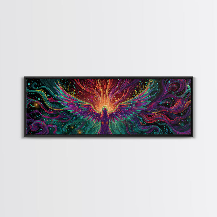 Fiery Rainbow Phoenix Canvas Print, Colorful Fantasy Bird Wall Art, Mythical Creature Decor, Magical Living Room Art, Unique Gift