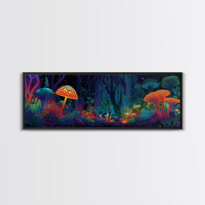 Glowing Mushroom Forest With Neon Woodland Canvas Print, Psychedelic Wall Art For Kids Room Decor And Whimsical Home Decor