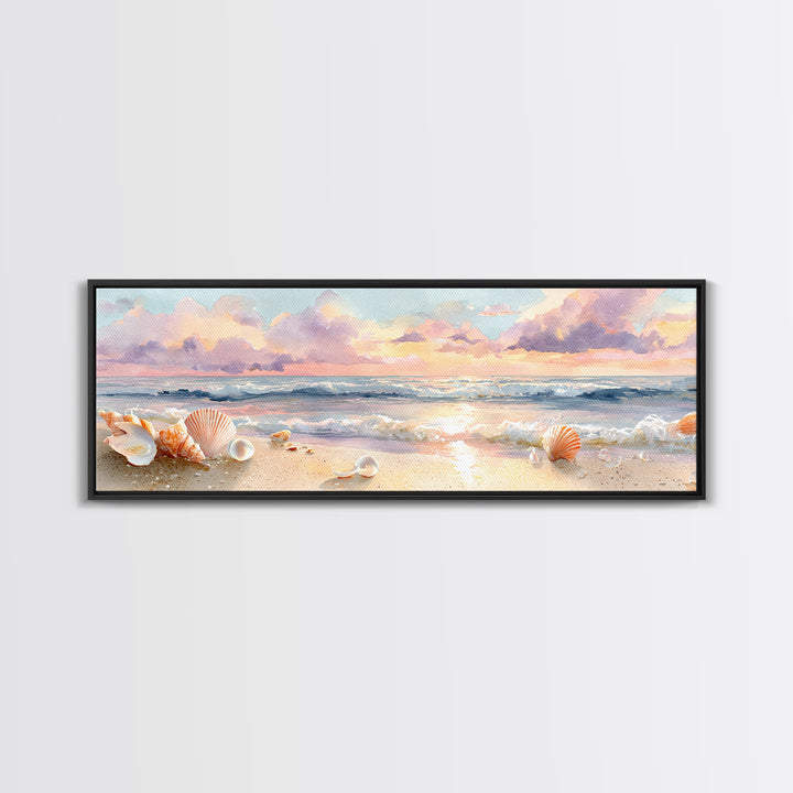 Pastel Seashell Beach Canvas Print, Soft Ocean Wave Shore Painting, Coastal Wall Art, Beach House Bathroom Home Decor Gift
