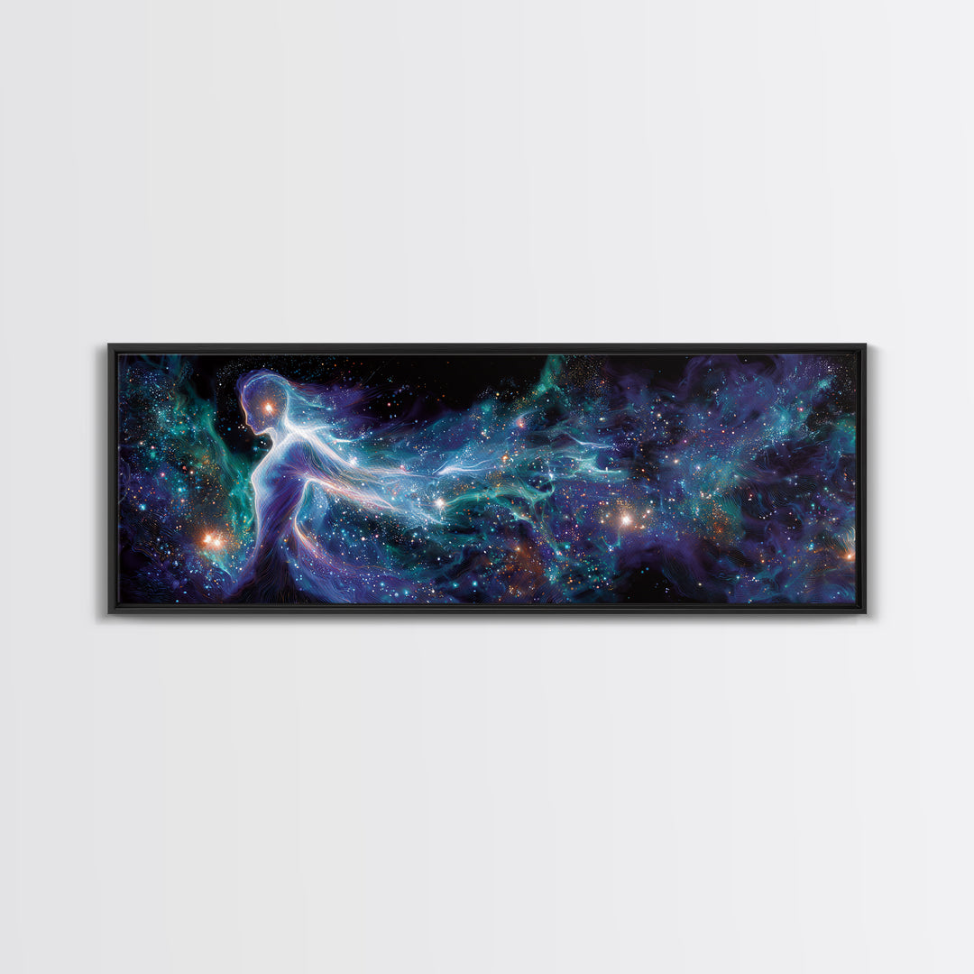 Cosmic Goddess Figure Drifting Through Stars Framed Canvas Print, Celestial Wall Art For Meditation Room Decor And Spiritual Gift