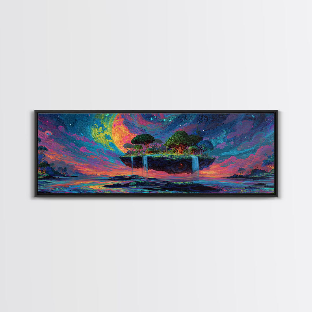 Floating Island Waterfalls Canvas Print, Crescent Moon Fantasy Seascape, Celestial Wall Art For Bedroom Or Living Room Decor