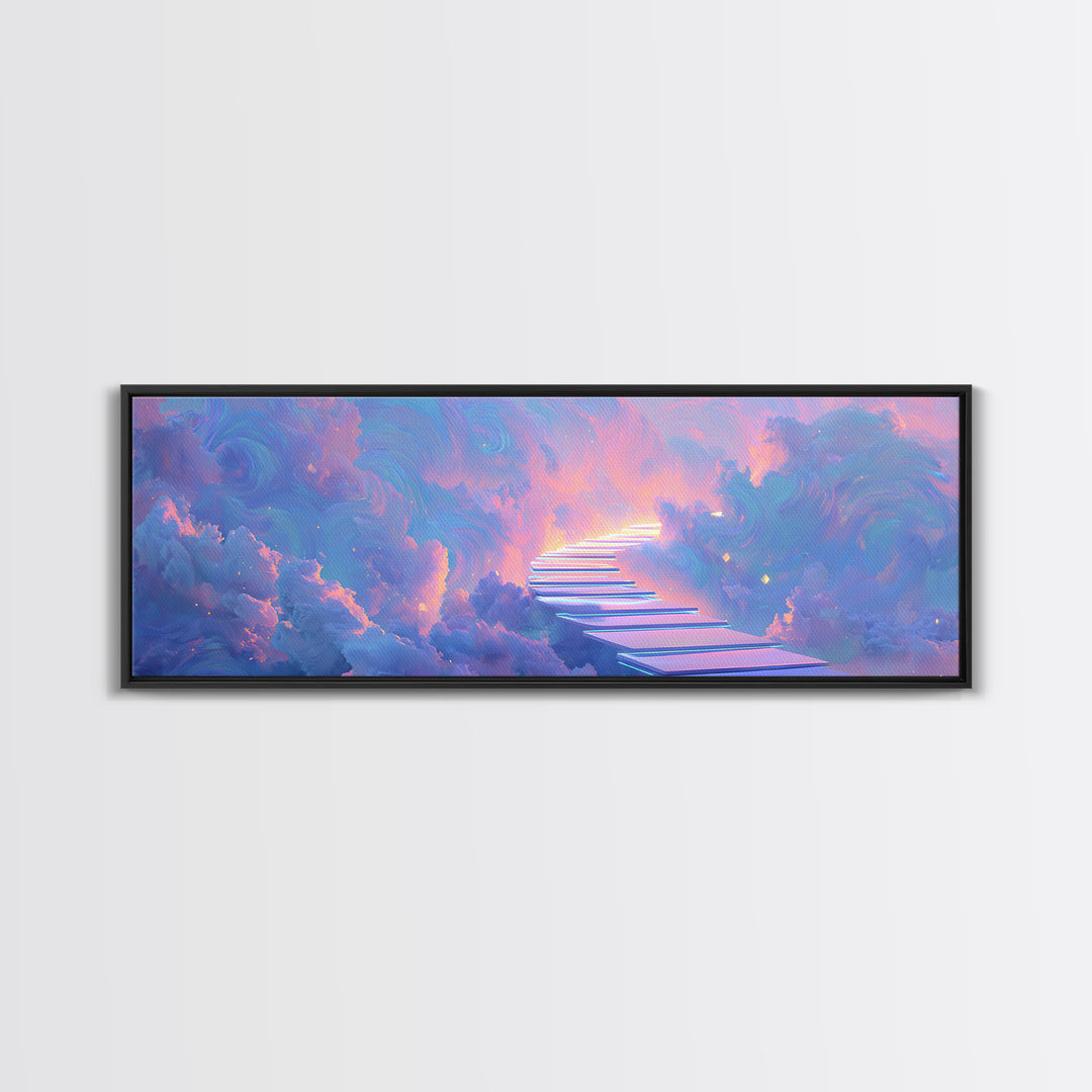 Pastel Stairway To Heaven Framed Canvas Print, Dreamy Cloudscape Wall Art, Fantasy Celestial Bedroom Decor, Gift For Her