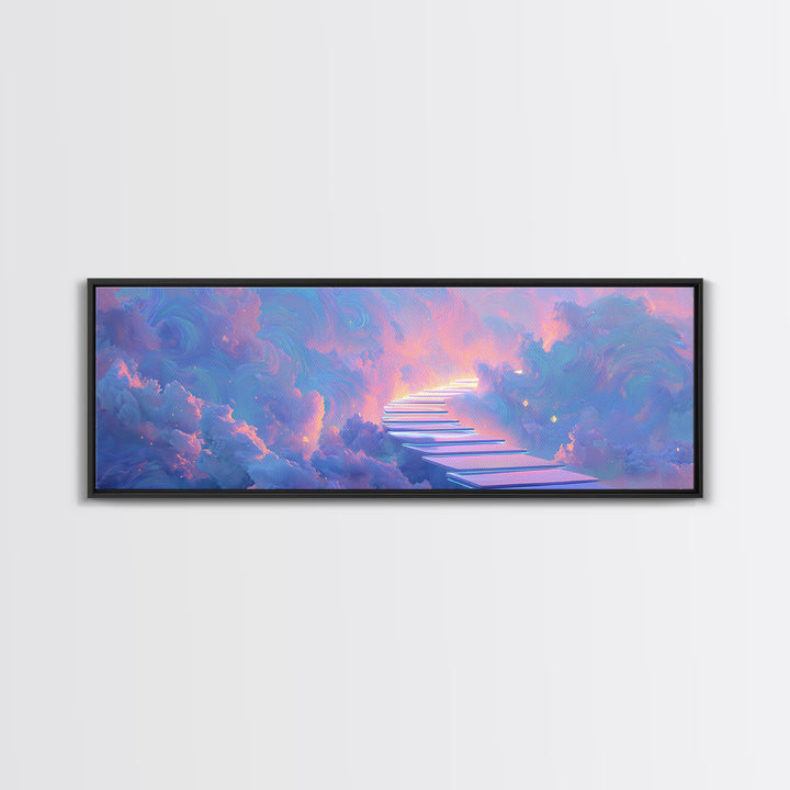 Pastel Stairway To Heaven Framed Canvas Print, Dreamy Cloudscape Wall Art, Fantasy Celestial Bedroom Decor, Gift For Her