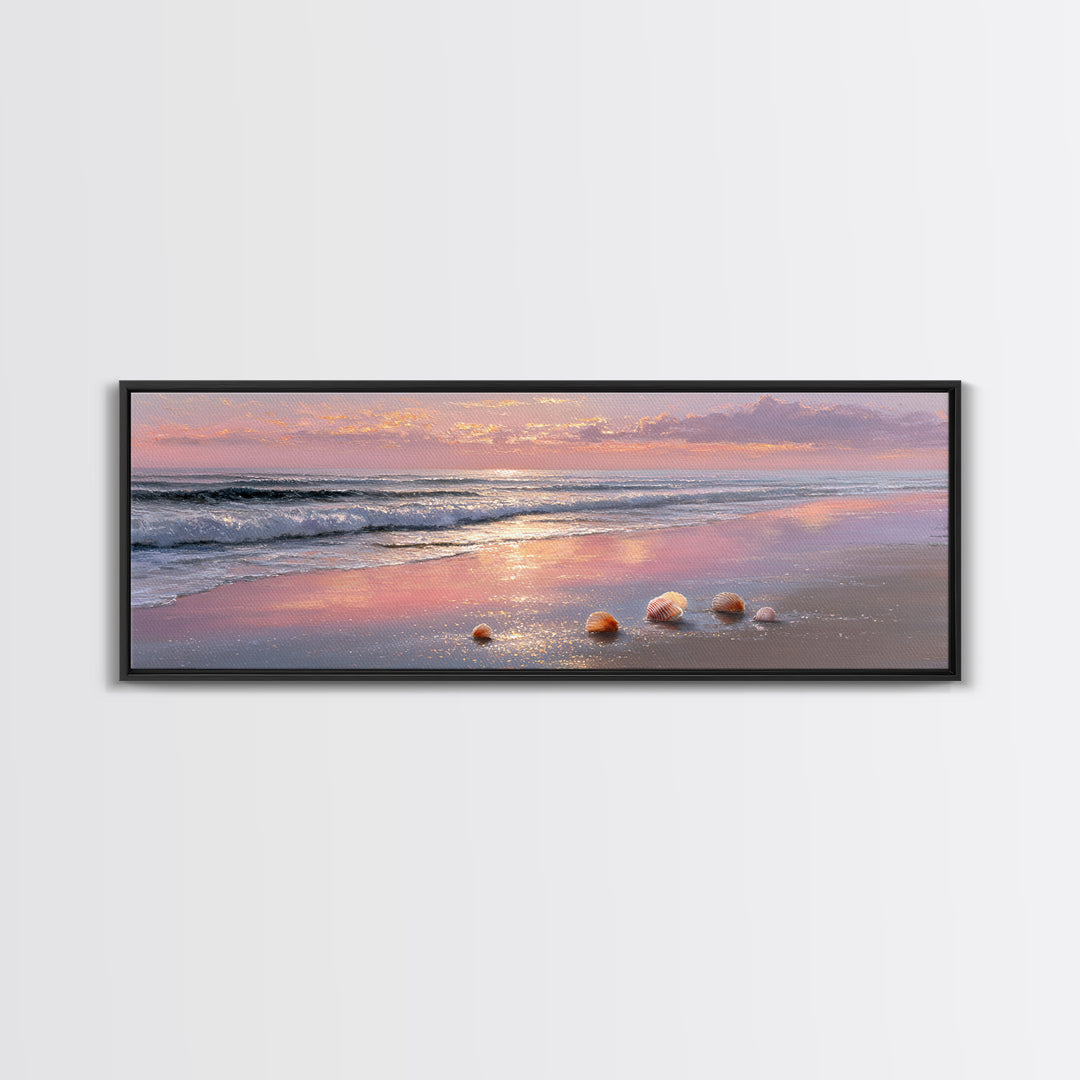 Sunset Ocean Shells Framed Canvas Print, Shimmering Beach Seascape, Coastal Wall Art For Bedroom And Beach House Decor Gift