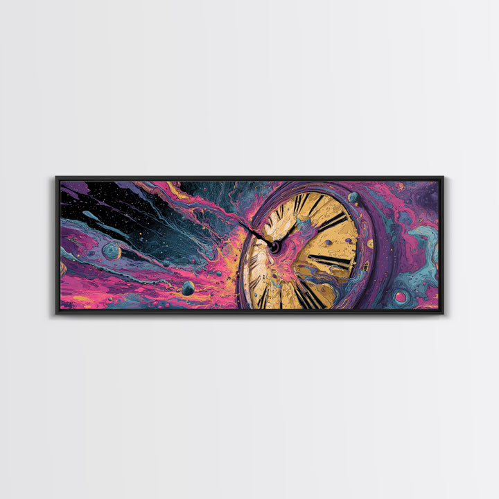 Melting Clock In Cosmic Space Wall Art, Surreal Time Travel Canvas, Psychedelic Galaxy Decor, Modern Abstract Art Print, Unique Gift