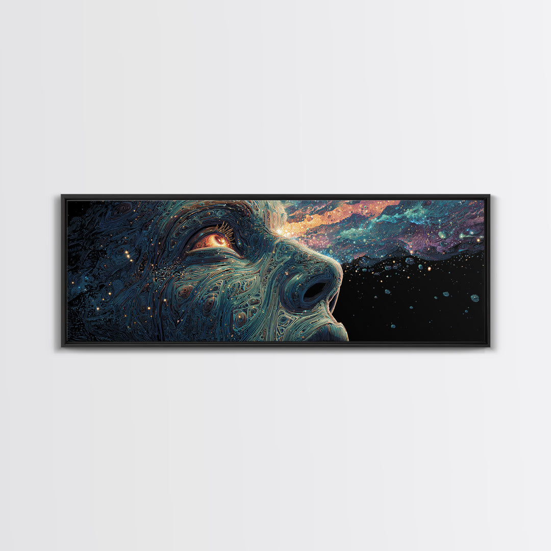 Cosmic Wolf Portrait With Galaxy Eye Wall Art, Large Panoramic Psychedelic Animal Canvas, Space Decor, Celestial Gift For Him