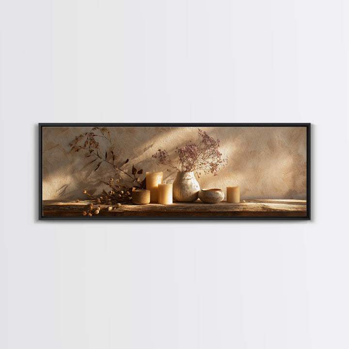 Neutral Candle Still Life Wall Art, Rustic Vase And Dried Botanical Painting, Wabi Sabi Minimalist Earth Tone Home Decor Gift