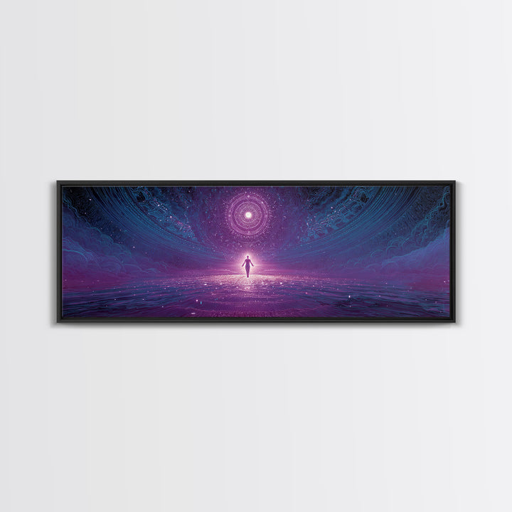 Cosmic Figure Before Celestial Portal Wall Art, Surreal Space Canvas Print, Mystical Purple Meditation Room Decor Gift For Her