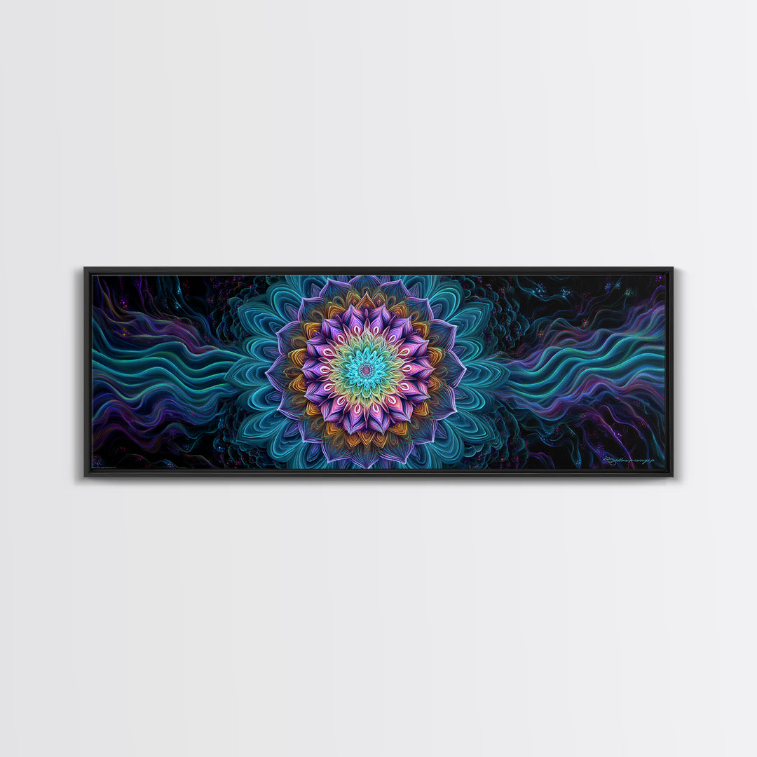 Teal Purple Fractal Mandala Flower Framed Canvas Print, Psychedelic Spiritual Wall Art For Yoga Studio And Meditation Decor