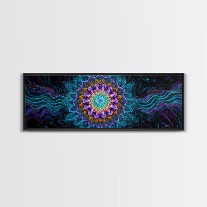 Teal Purple Fractal Mandala Flower Framed Canvas Print, Psychedelic Spiritual Wall Art For Yoga Studio And Meditation Decor