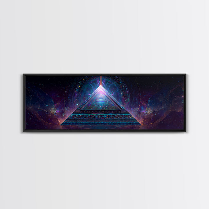 Glowing Sacred Geometry Pyramid Framed Canvas Print, Cosmic Spiritual Wall Art For Meditation Room And Modern Office Decor