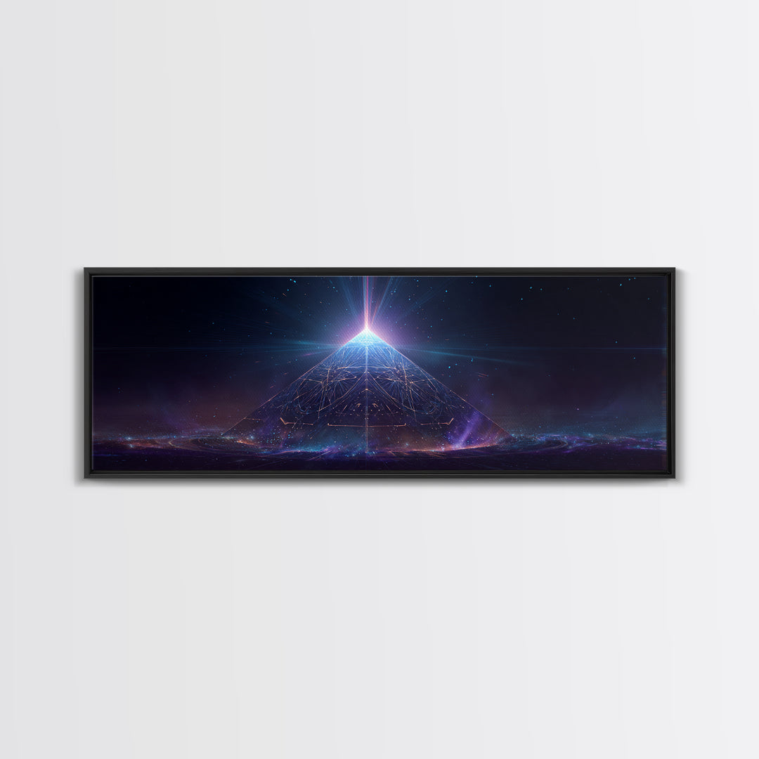 Glowing Cosmic Pyramid Wall Art, Futuristic Celestial Space Print, Mystical Sacred Geometry Decor, Framed Canvas Print For Office Decor