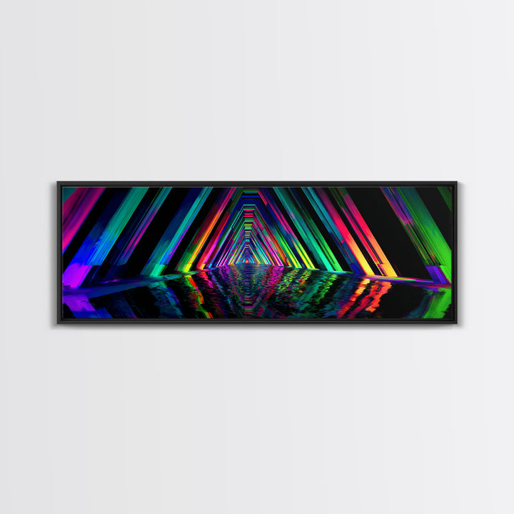 Neon Geometric Tunnel Reflection Canvas Print, Cyberpunk Wall Art, Futuristic Abstract Art, Gaming Room Decor, Vaporwave Poster