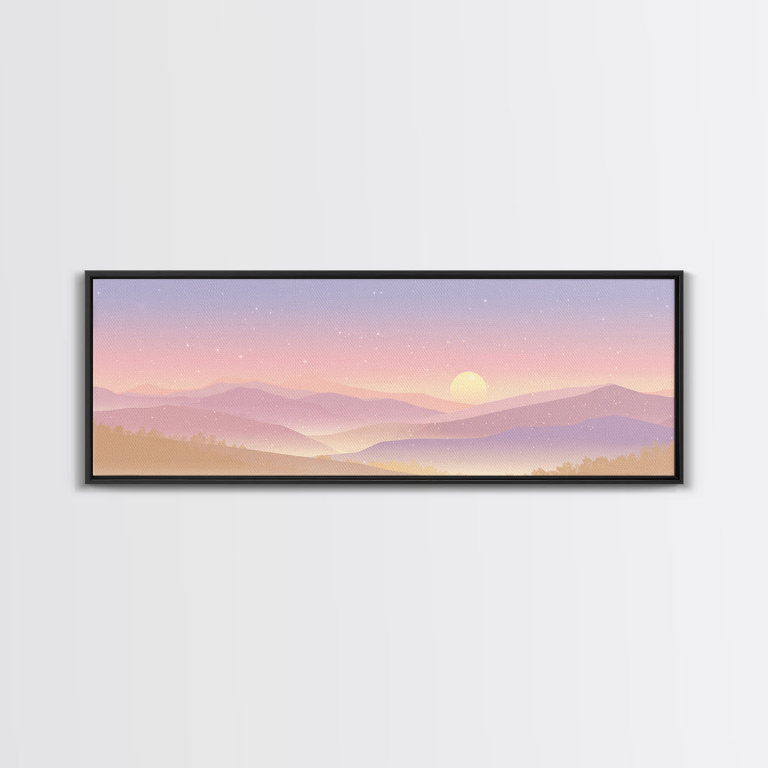 Pastel Mountain Moon Wall Art, Minimalist Sunset Landscape, Celestial Nursery Print, Calming Soft Pink Bedroom Home Decor Gift