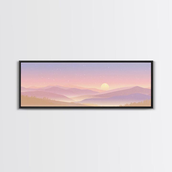 Pastel Mountain Moon Wall Art, Minimalist Sunset Landscape, Celestial Nursery Print, Calming Soft Pink Bedroom Home Decor Gift