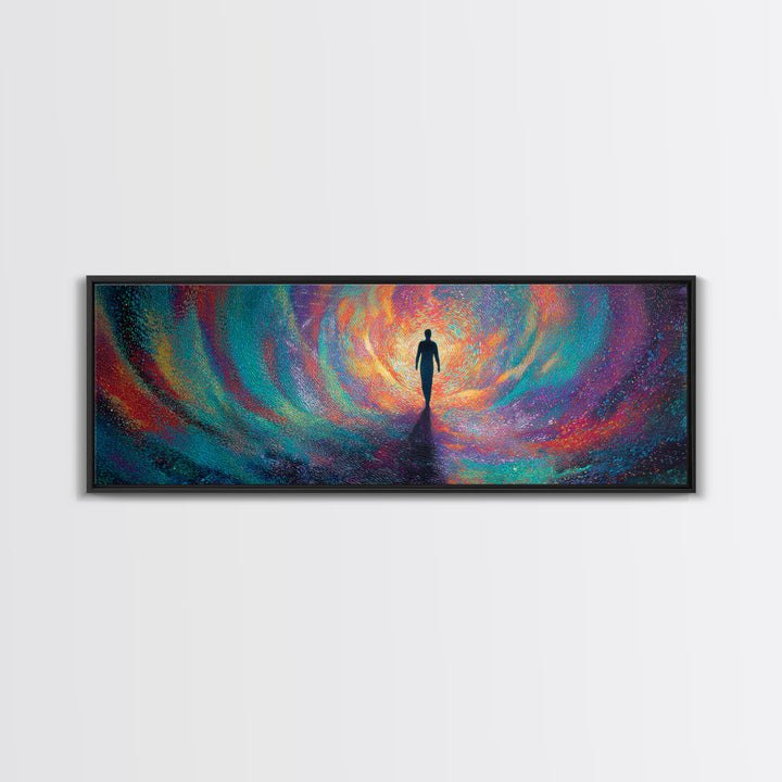 Silhouette Walking Into Rainbow Vortex Wall Art, Abstract Psychedelic Art Print, Meditation Decor, Modern Canvas Print For Living Room