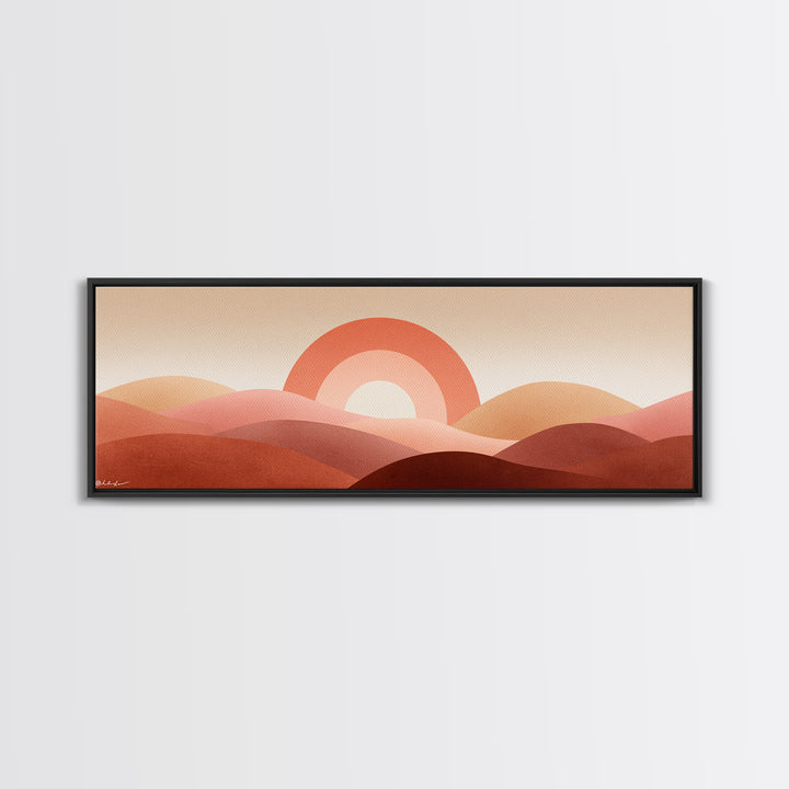 Terracotta Sun And Rolling Hills Canvas Print, Abstract Desert Landscape, Mid Century Modern Wall Art, Warm Earth Tone Decor