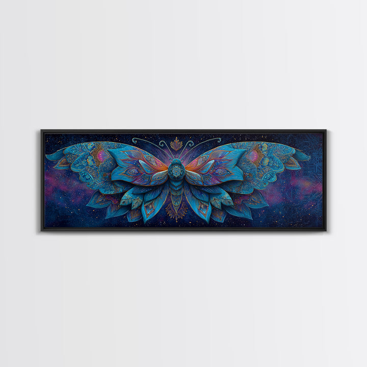 Celestial Blue Moth With Jeweled Wings Framed Canvas Print, Mystical Wall Art For Bedroom Decor And Gift For Her, Boho Celestial Home Decor
