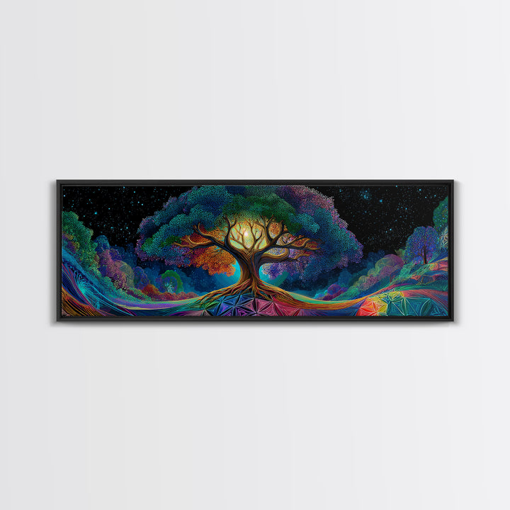 Glowing Tree Of Life Under Starry Sky Framed Canvas Print, Mystical Nature Wall Art For Boho Home Decor And Bedroom Decor