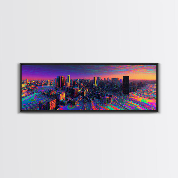 Neon Cyberpunk City Canvas Print, Futuristic Skyline Wall Art, Glitch Urban Decor, Modern Gaming Room Panoramic Wall Art Print