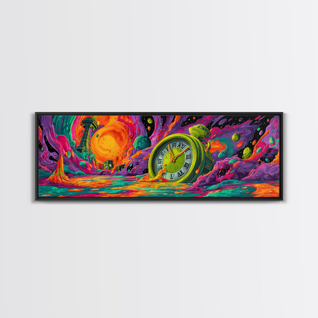 Melting Clock Alien Planet Wall Art, Surreal Psychedelic Landscape Print, Colorful Fantasy Decor, Statement Canvas Print