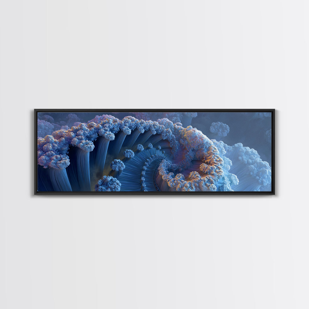 Blue Fractal Ocean Wave And Frozen Spiral Canvas Print, Abstract Seascape Wall Art For Modern Coastal Living Room Home Decor