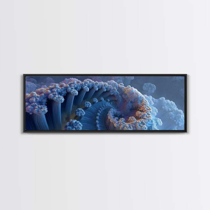Blue Fractal Ocean Wave And Frozen Spiral Canvas Print, Abstract Seascape Wall Art For Modern Coastal Living Room Home Decor