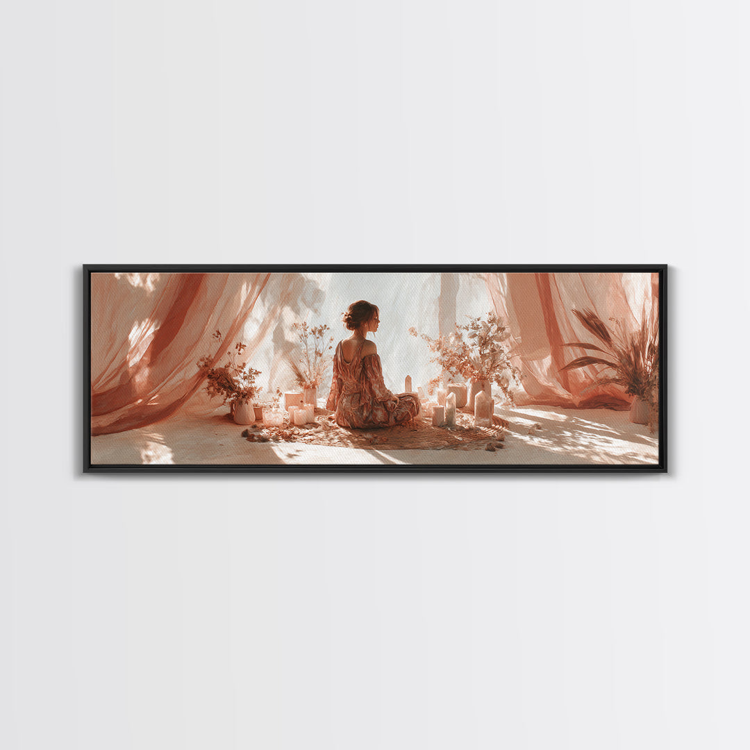 Boho Woman Candle Meditation Wall Art, Blush Drapery Sanctuary, Feminine Bedroom Decor, Spiritual Canvas, Gift For Her Print