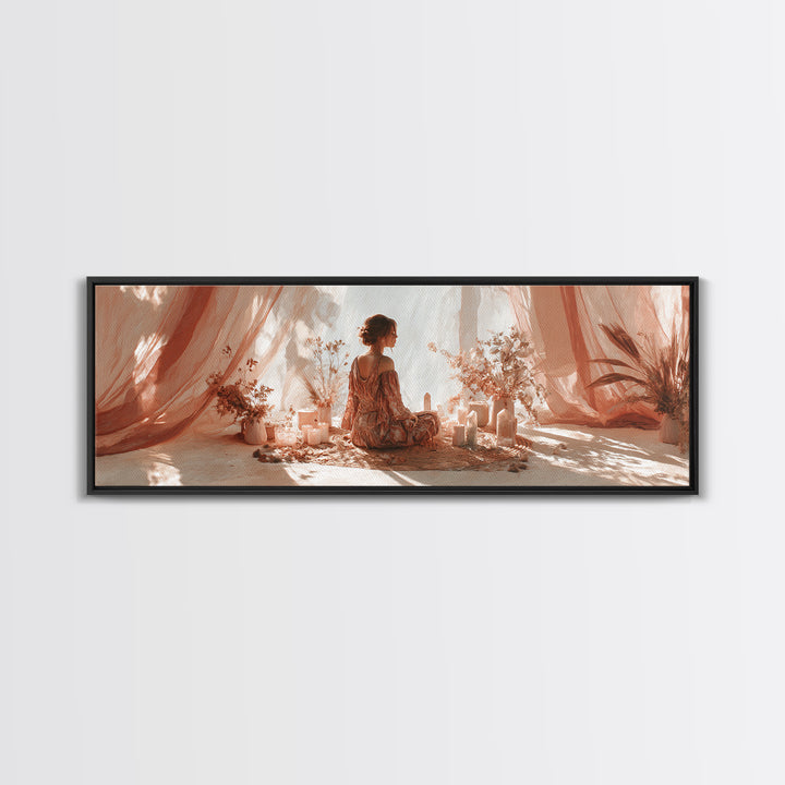 Boho Woman Candle Meditation Wall Art, Blush Drapery Sanctuary, Feminine Bedroom Decor, Spiritual Canvas, Gift For Her Print
