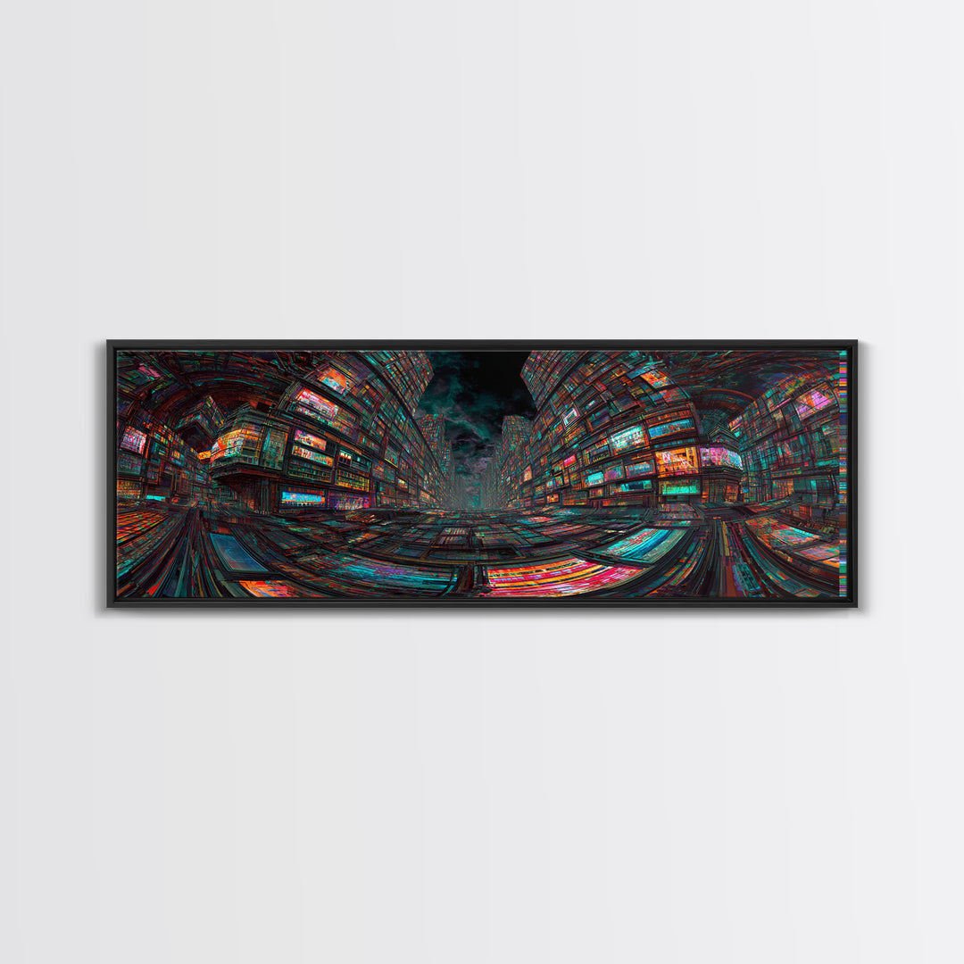 Neon Cyberpunk City With Glitch Streets Framed Canvas Print, Futuristic Wall Art For Gaming Room Decor And Office Decor, Gift For Him