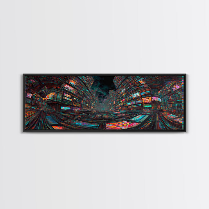 Neon Cyberpunk City With Glitch Streets Framed Canvas Print, Futuristic Wall Art For Gaming Room Decor And Office Decor, Gift For Him