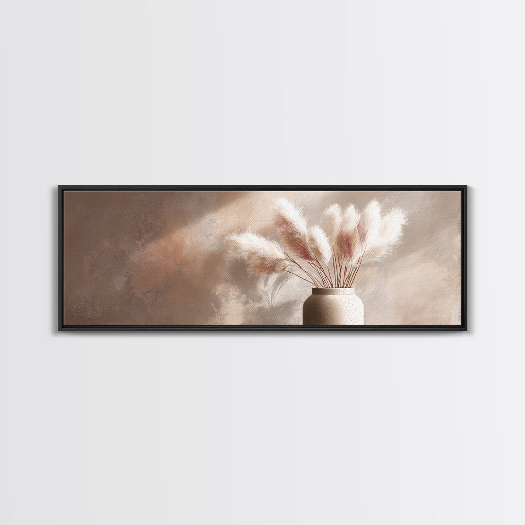 Neutral Pampas Grass Vase Framed Canvas Print, Beige Minimalist Wall Art, Japandi Home Decor, Modern Living Room Decor Print
