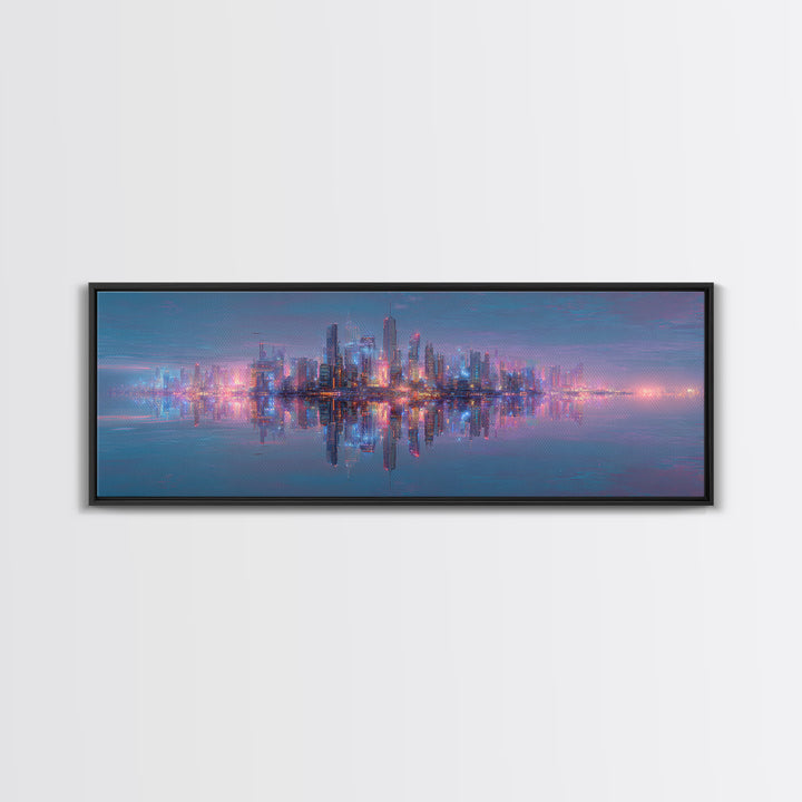 Neon Futuristic Skyline Reflection Wall Art, Panoramic Canvas Print, Cyberpunk Cityscape, Modern Living Room Decor, Large Horizontal Art