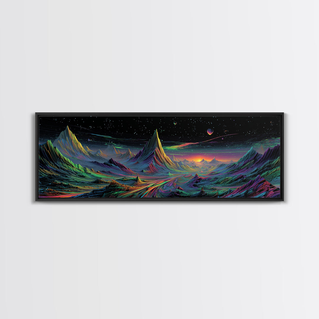 Alien Mountain Road Under Stars Wall Art, Psychedelic Space Landscape, Sci Fi Decor, Panoramic Canvas, Vaporwave Gamer Room Print