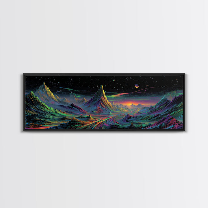 Alien Mountain Road Under Stars Wall Art, Psychedelic Space Landscape, Sci Fi Decor, Panoramic Canvas, Vaporwave Gamer Room Print