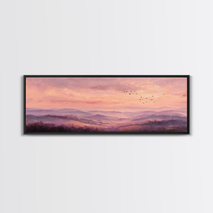 Misty Pink Mountain Landscape Wall Art, Romantic Sunrise Canvas Print, Large Horizontal Living Room Decor, Nature Gift Print