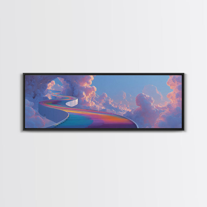 Rainbow Stairway Through Clouds Wall Art, Dreamy Celestial Fantasy Print, Pastel Whimsical Decor, Framed Canvas Print For Nursery