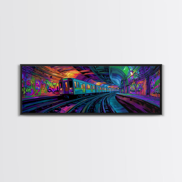 Neon Graffiti Subway Canvas Print, Urban Street Art Train, Cyberpunk Wall Decor, Gaming Room Art, Modern Wall Art Gift For Him