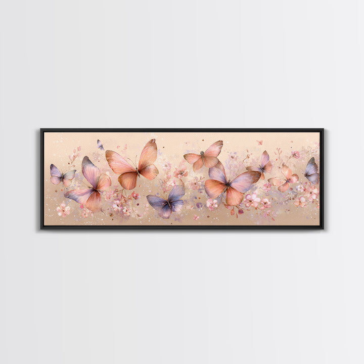 Pastel Butterfly Garden Wall Art, Soft Floral Canvas Print, Feminine Nursery Decor, Spring Bedroom Art, Gift For Her Print