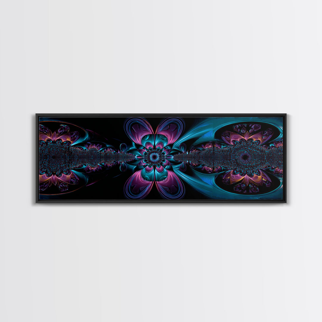 Neon Fractal Flower Mandala Wall Art, Symmetrical Psychedelic Canvas, Teal And Purple Abstract Decor, Meditation Room Print