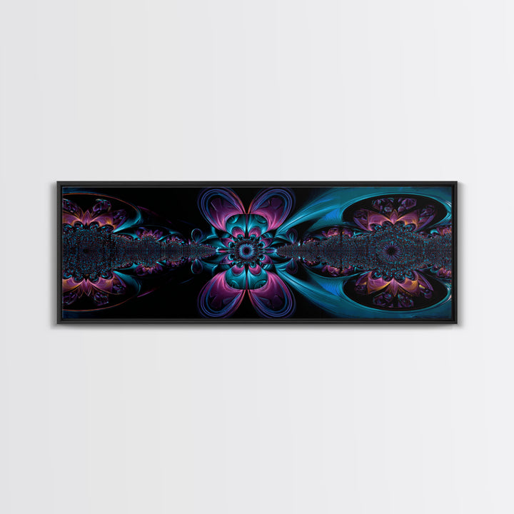 Neon Fractal Flower Mandala Wall Art, Symmetrical Psychedelic Canvas, Teal And Purple Abstract Decor, Meditation Room Print