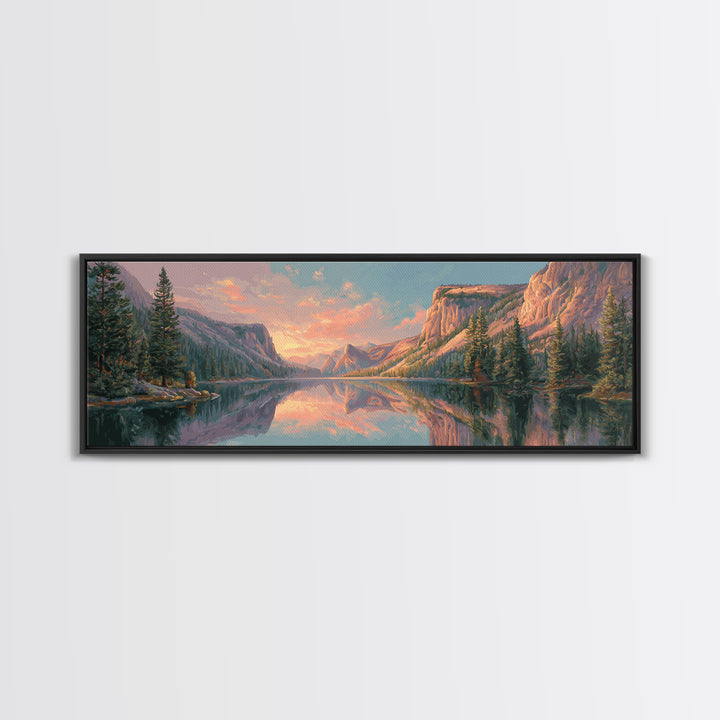 Serene Mountain Lake Sunset Wall Art, Panoramic Landscape Canvas Print, Rustic Nature Decor For Living Room And Cabin Home Decor