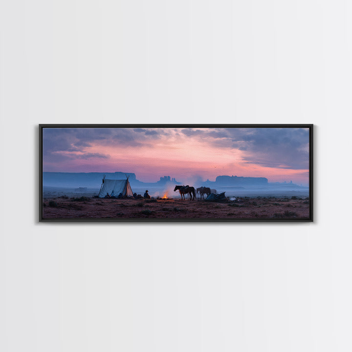 Western Desert Camp With Horses Framed Canvas Print, Cowboy Sunset Landscape, Southwestern Wall Art, Rustic Western Home Decor