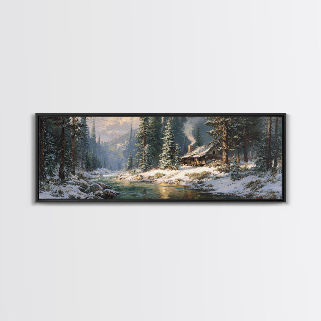 Snowy Cabin River Framed Canvas Print, Winter Forest Landscape Wall Art, Rustic Home Decor, Lake House Gift For Living Room Decor
