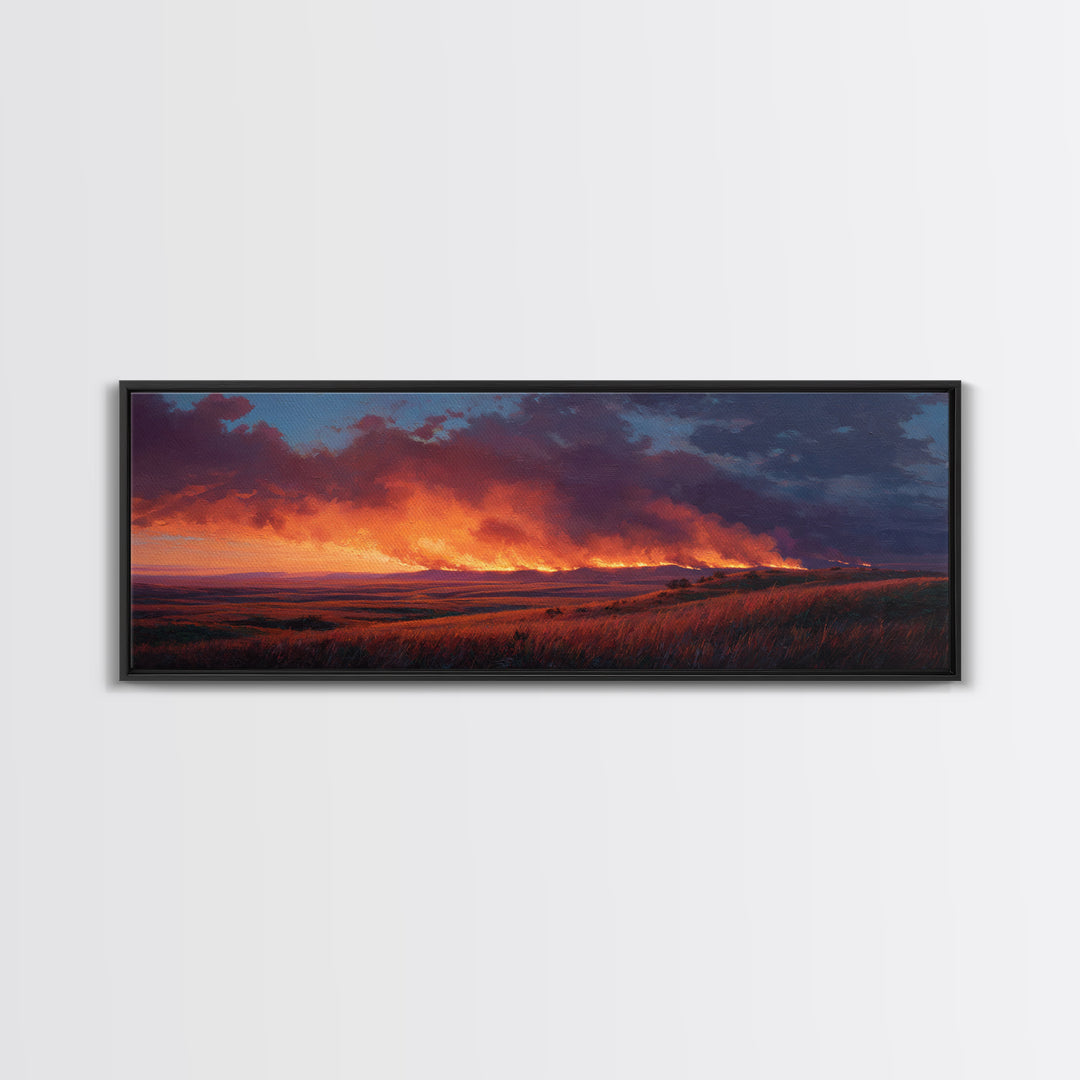 Wildfire Prairie Sunset Wall Art, Dramatic Grassland Landscape, Moody Rustic Decor, Western Canvas Print, Large Horizontal Art