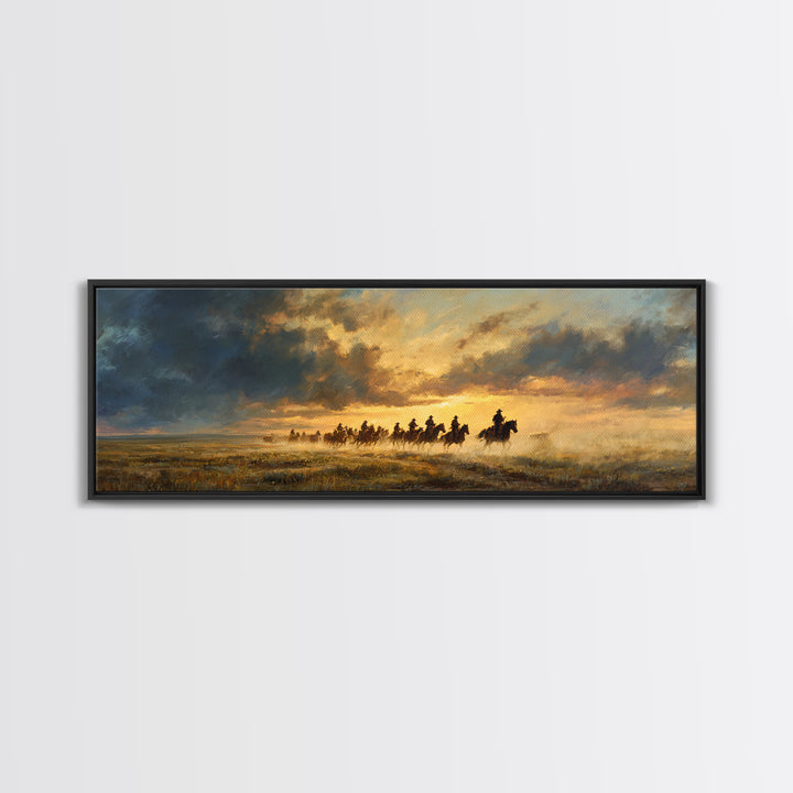 Galloping Cowboys At Sunset Framed Canvas Print, Western Horse Landscape Wall Art, Rustic Ranch Decor, Moody Prairie Painting