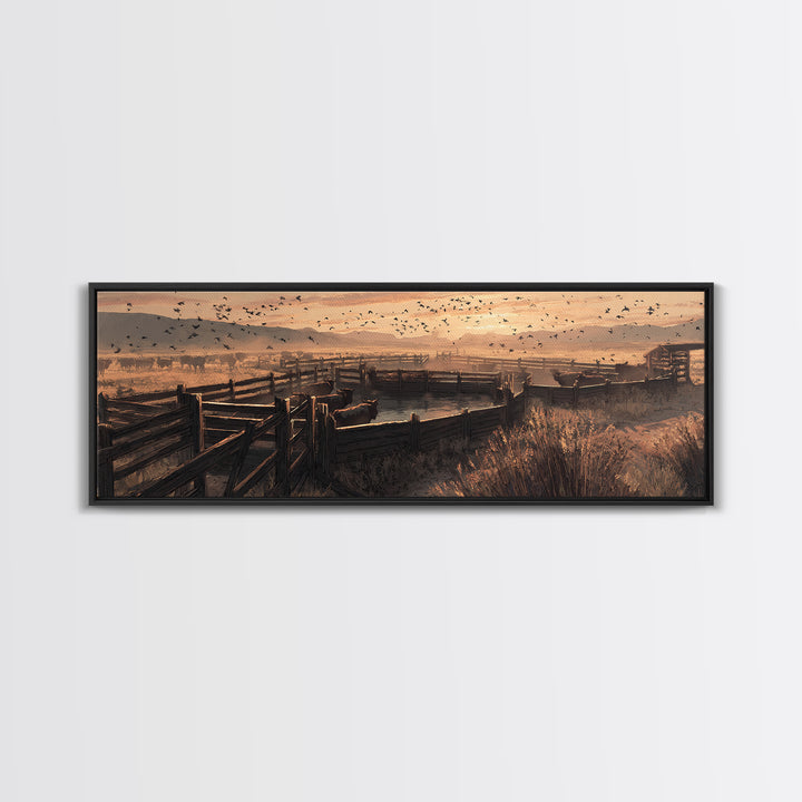 Sepia Ranch Corral Sunset Framed Canvas Print, Western Wall Art, Rustic Farmhouse Decor, Cowboy Landscape, Housewarming Gift