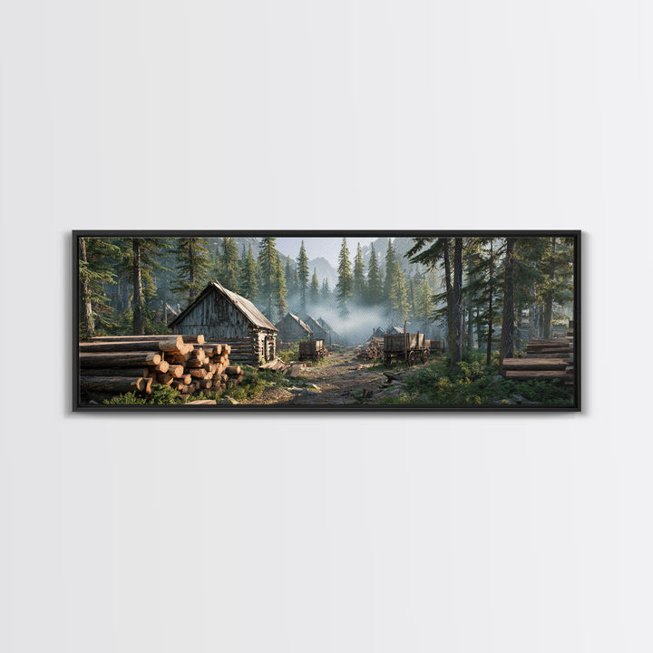 Rustic Logging Camp In Pine Forest Canvas Print, Large Cabin Wall Art, Woodland Landscape, Farmhouse Decor, Nature Lover Gift