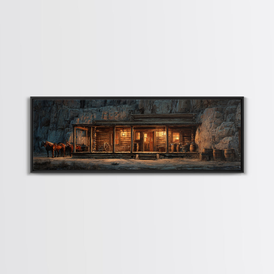 Rustic Western Saloon With Horses Framed Canvas Print, Cowboy Wall Art, Canyon Cabin Decor, Man Cave Rustic Wall Art Decor