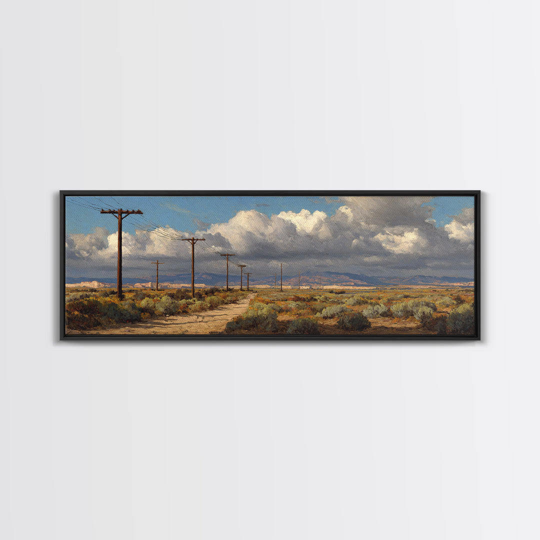 Desert Telephone Poles And Storm Clouds Wall Art, Western Landscape Canvas, Rustic Southwest Decor, Panoramic Print For Living Room